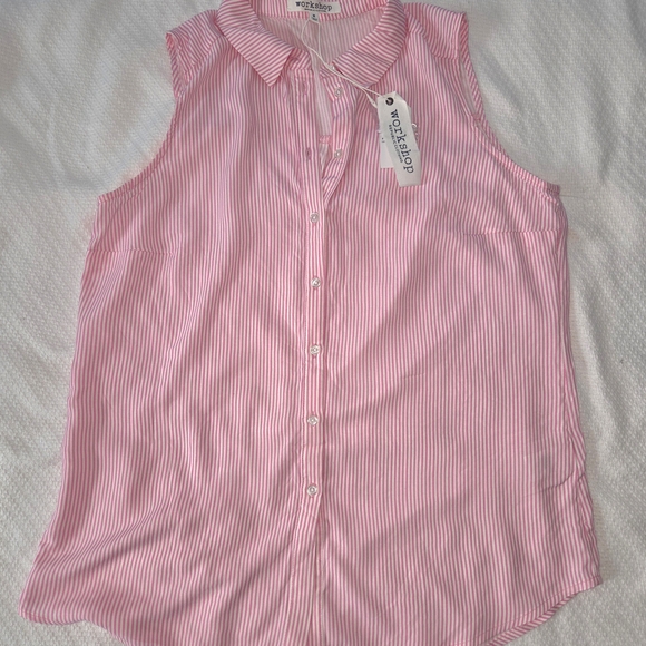 Sleeveless Blouse Pink And White Stripe Button Down, Workshop Republic - Picture 3 of 5